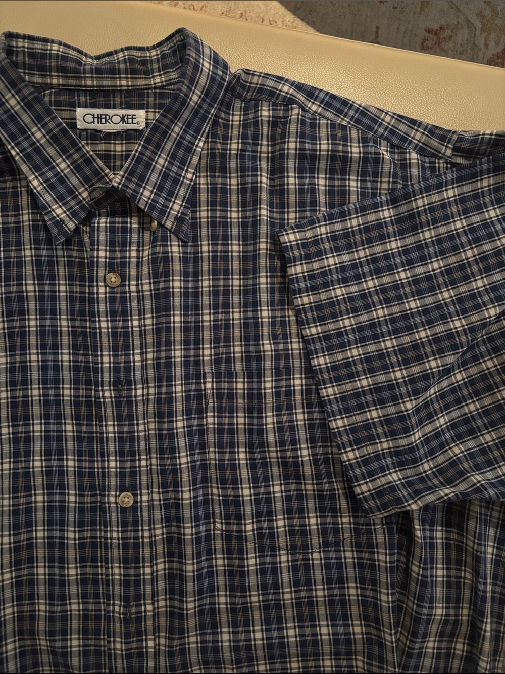 Cherokee Blue and White Plaid Short-Sleeve Button-Down Shirt